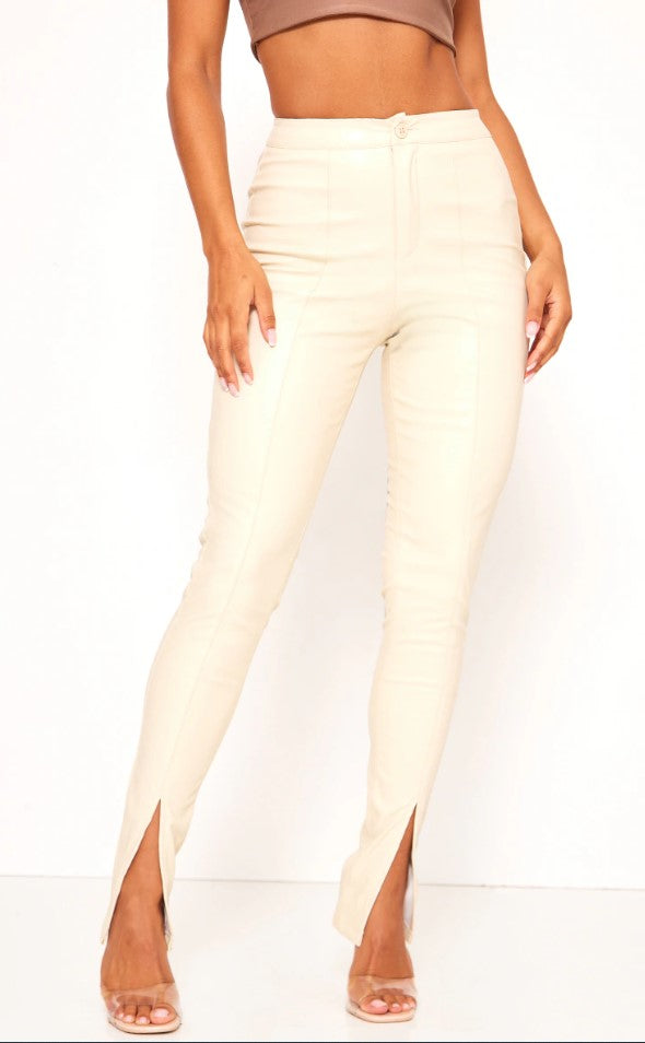 Cream Split Hem Faux Leather Skinny Trousers