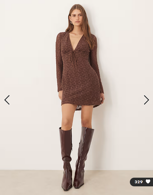 ASOS DESIGN lace long sleeve plunge tie front mini dress in chocolate
