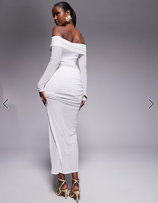 Missyempire mesh insert bardot maxi dress in white