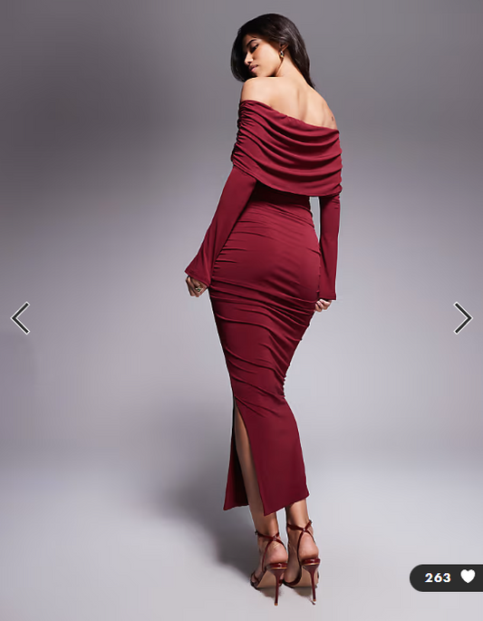 Ruched & Ready sculpted off shoulder gold hardware ruched detail bodycon maxi dress in burgundy