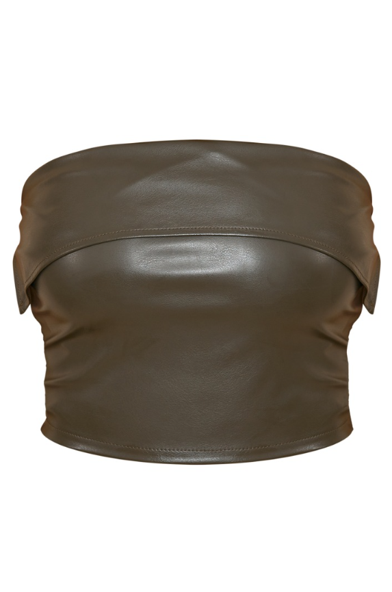 Olive Faux Leather Folded Over Crop Top