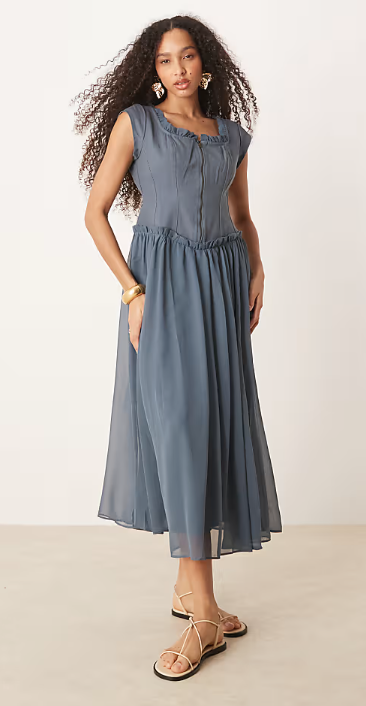 ASOS DESIGN zip through twill bodice midi dress in denim blue