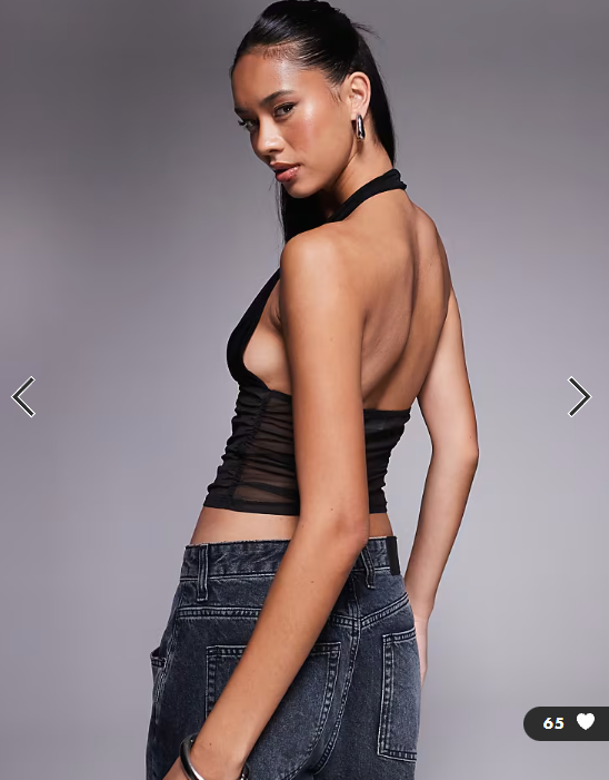 ASOS DESIGN slinky plunge halter top with ruched mesh in black