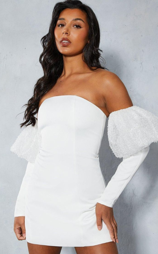 Satin Bardot Embellished Puff Sleeve Mini Dress