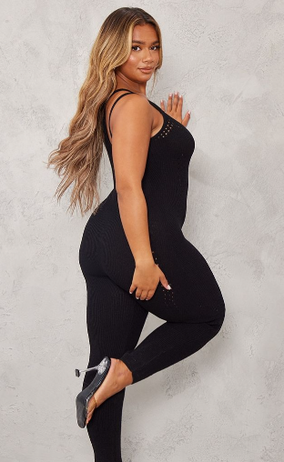 Shape Black Knit Laser Cut Detail Strappy Jumpsuit