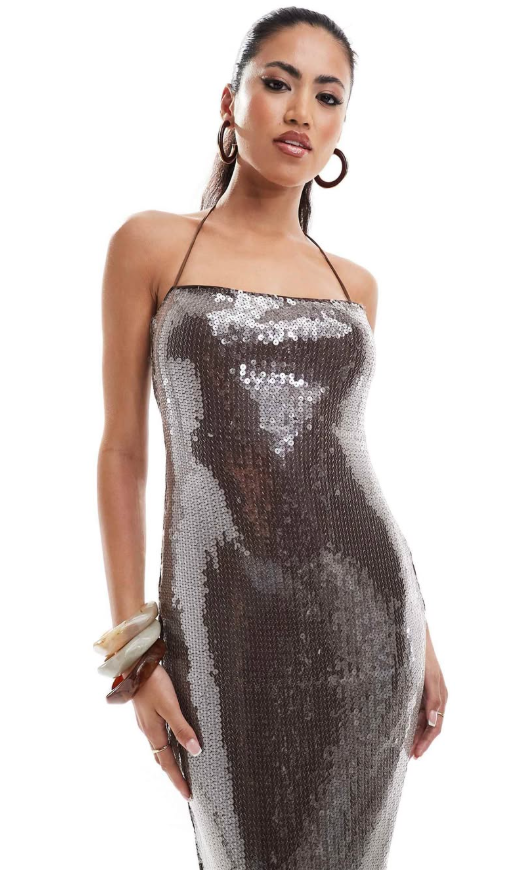 Asos - sheer sequin square neck midi dress in brown