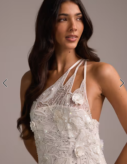 Asos - embellished one shoulder cutwork midi dress with asymmetric fringe hem in white