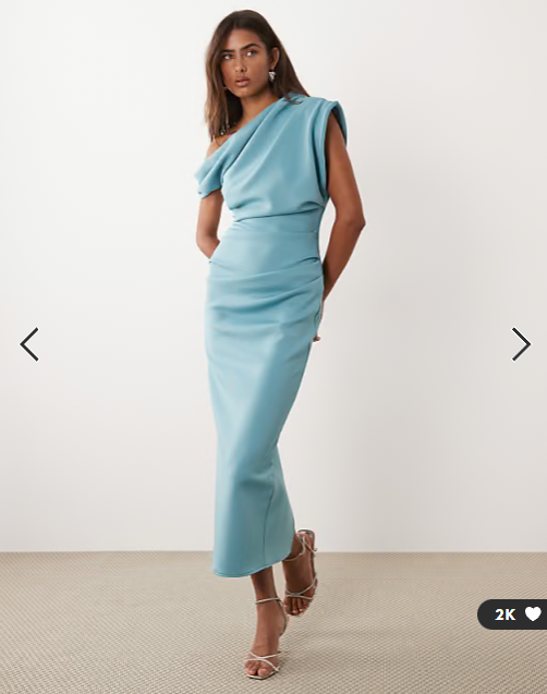 ASOS DESIGN asymmetric off shoulder midi dress in blue scuba-style fabric