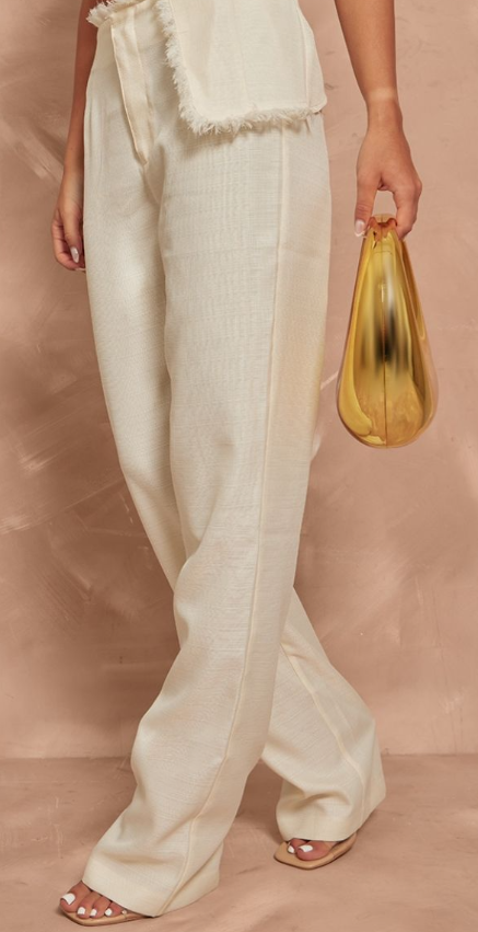 Plt - Cream Textured Woven Raw Hem Low Rise Straight Leg Trousers