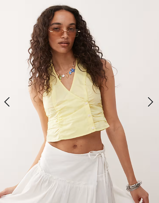 Monki halter neck wrap top with ruched sides in pale yellow