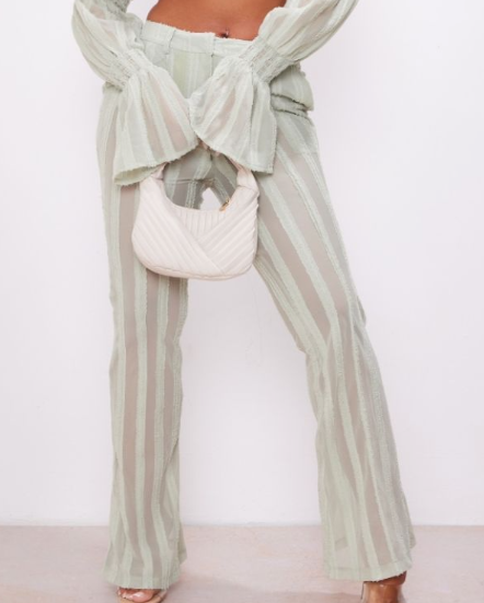 Sage Green Textured Woven Flare Trousers