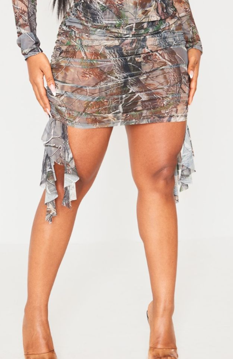 Shape Khaki Abstract Camo Printed Ruched Mini Skirt