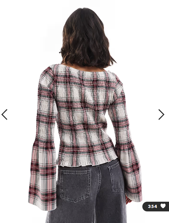 ASOS DESIGN poplin shirred angel sleeve top in red check