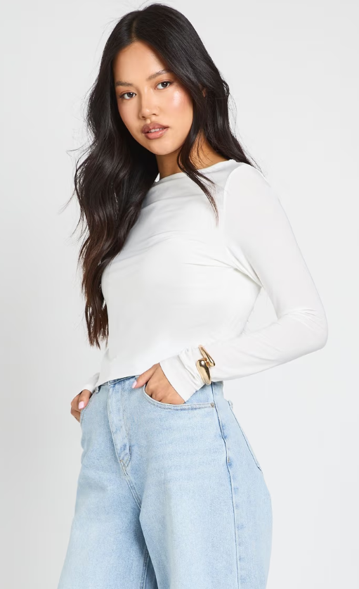 Boohoo - Petite Double Layer Slinky Long Sleeve Top - white