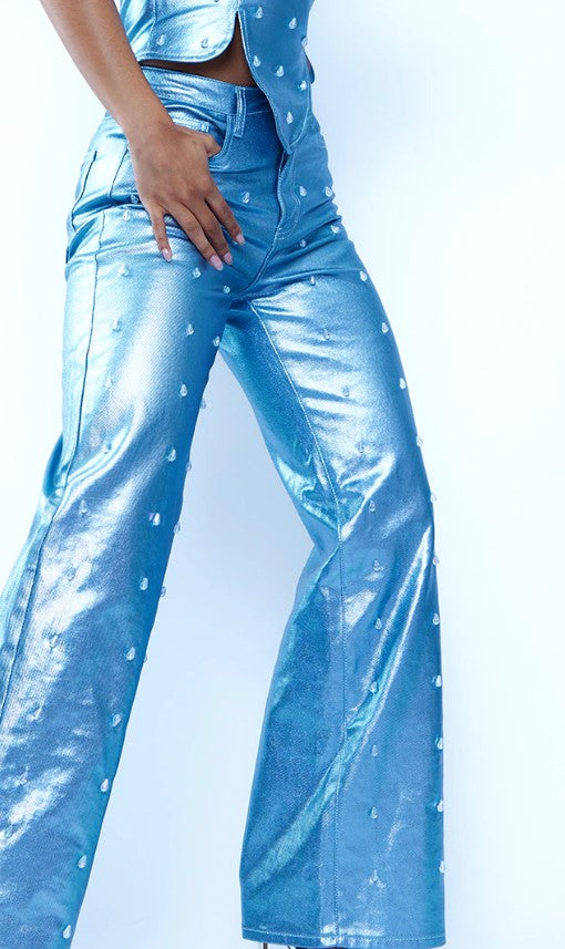 Blue Embellished Metallic Coated Denim Wide Leg Jeans