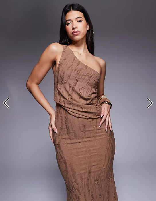 ASOS DESIGN draped one shoulder maxi dress with ladder fabric in chocolate