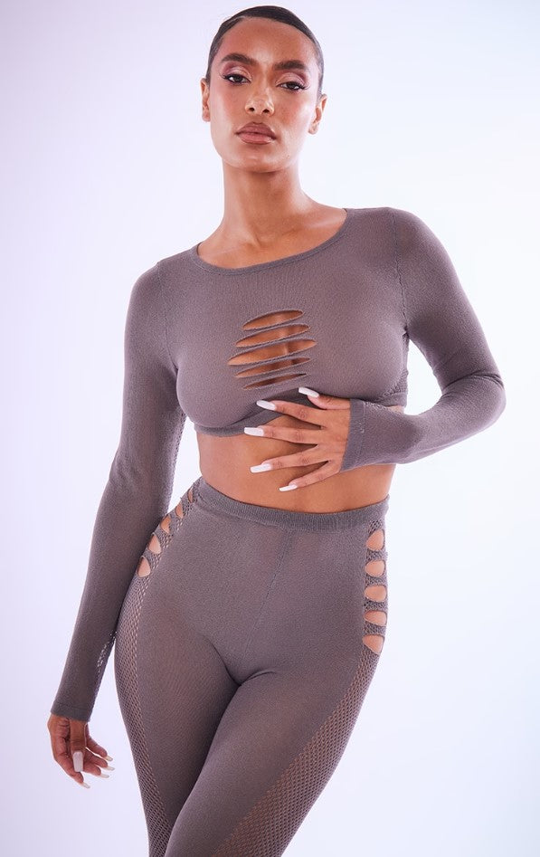 CHARCOAL SHEER KNIT DISTRESSED CROPPED LONG SLEEVE TOP