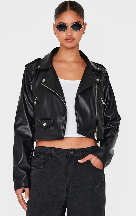 Black Basic Faux Leather Pocket Detail Biker Jacket