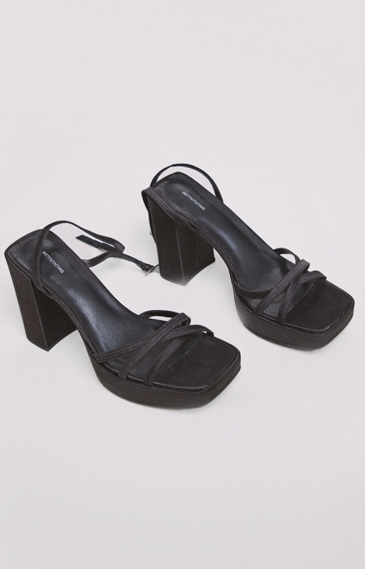 Black Satin Cross Multi Strap Slight Platform High Block Heeled Sandals
