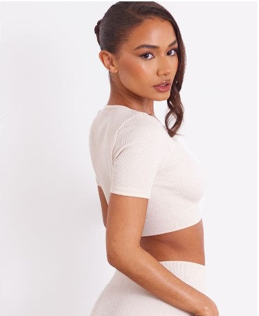 PETITE ECRU GLITTER CONTOUR RIB CROP TOP