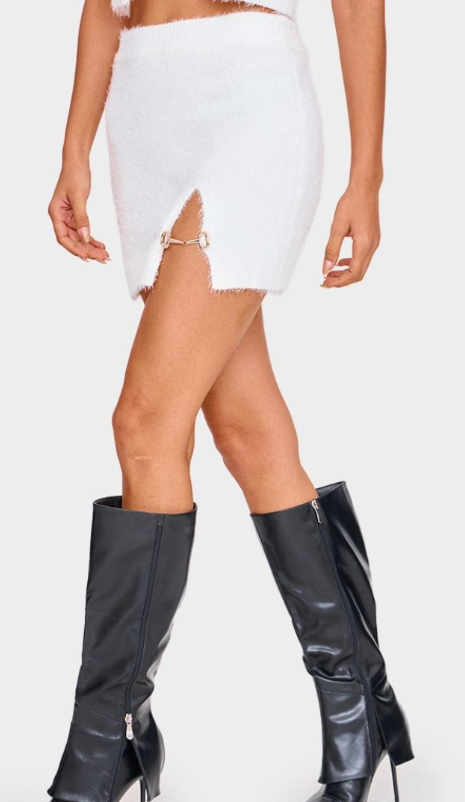 Plt - White Fluffy Knit Embellised Mini Skirt