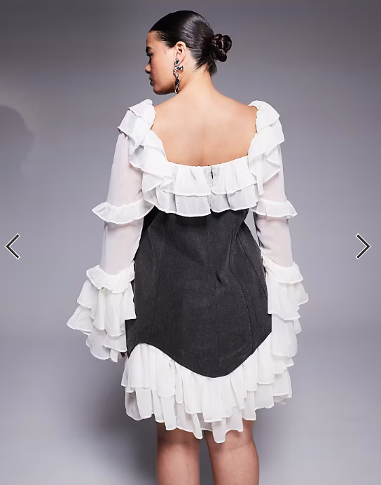 ASOS LUXE Curve denim corset mini dress with chiffon sleeves and hem in black