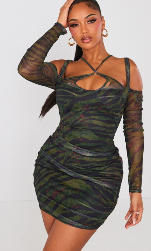 Shape Green Tiger Print Mesh Ring Halterneck Ruched Bodycon Dress