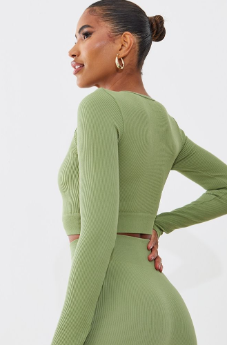 Khaki Structured Contour Rib Zip Up Long Sleeve Crop Top