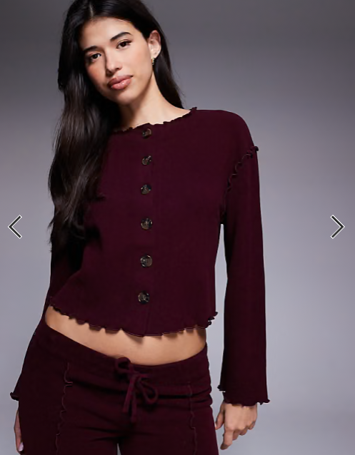 River Island jersey button up loungewear set in burgundy