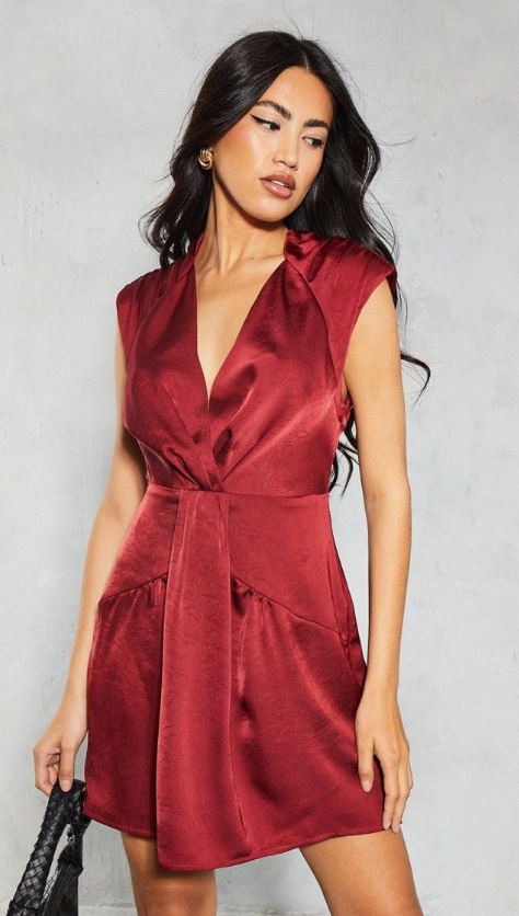 Textured Satin Drape Detail Sleeveless Mini Dress