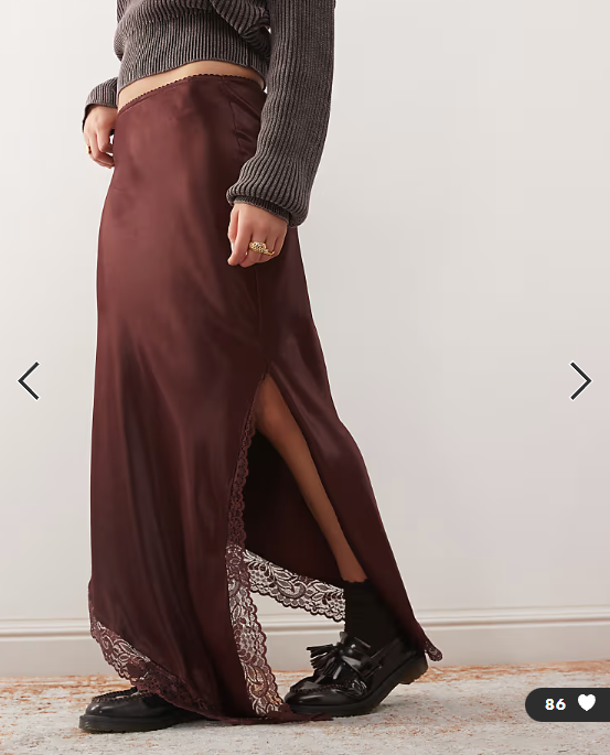 Reclaimed Vintage midi skirt with asymmetric hem with lace in chocolate brown