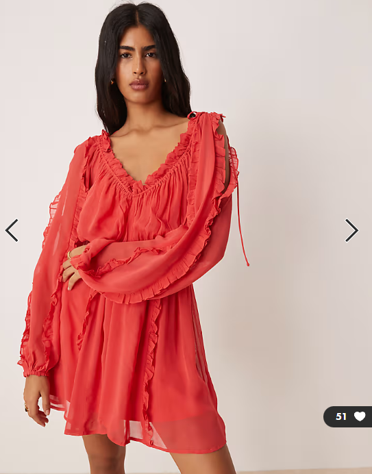 ASOS DESIGN ruffle v neck mini dress with tie front in red