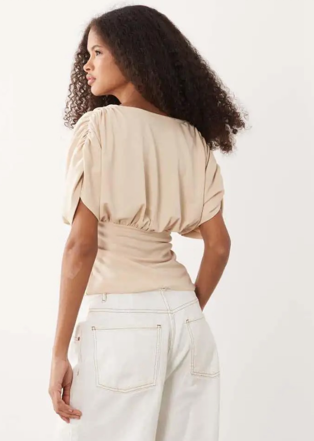 ASOS DESIGN plunge with cinched waist top in stone