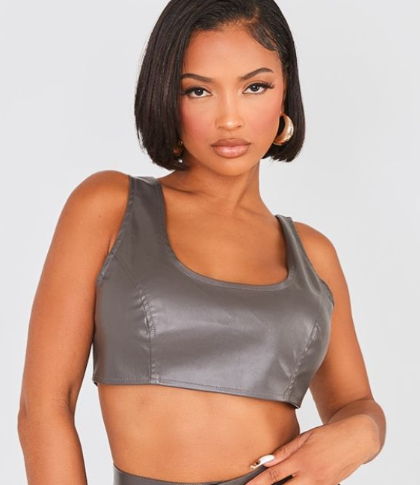 Shape Charcoal Faux Leather Hook And Eye Bralette