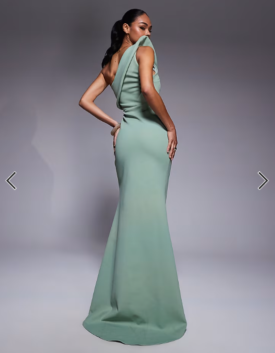 ASOS DESIGN Premium maxi dress with exaggerated sharp neckline in sage green scuba-style fabric