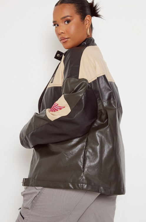 Plt - Plus Black Contrast Panel Oversized Faux Leather Motocross Jacket