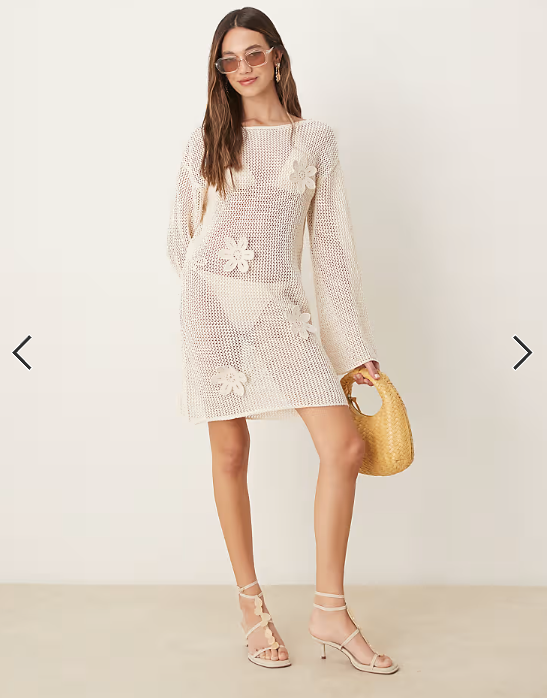 ASOS DESIGN knit beach mini dress with 3D flowers in ecru
