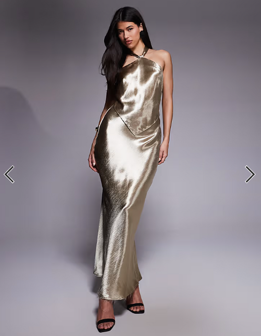 Aria Cove hammered satin knot front halterneck scarf hem detail maxi dress in gold