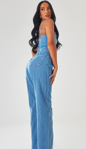 Mid Blue Wash Strappy Back Detail Denim Jumpsuit