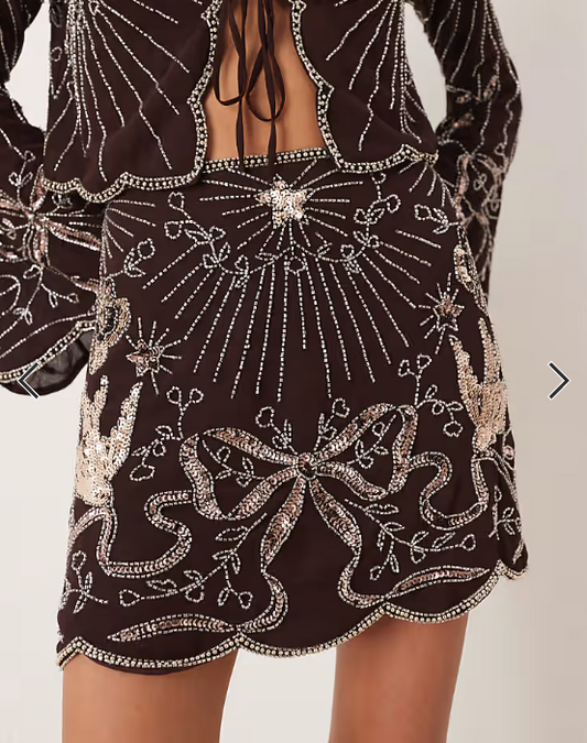 ASOS DESIGN bow and bird embellished co-ord mini skirt in chocolate