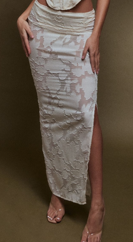 Cream Floral Applique Low Rise Maxi Skirt