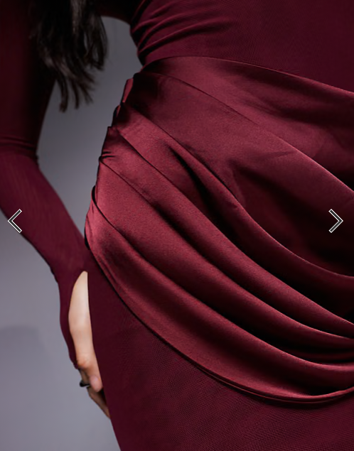 Wanderdoll Eman slash neck satin drape waist detail long sleeve bodycon maxi dress in berry