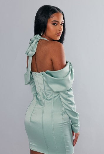 Label Sage Constructed Satin Draped Bardot Bodycon Dress