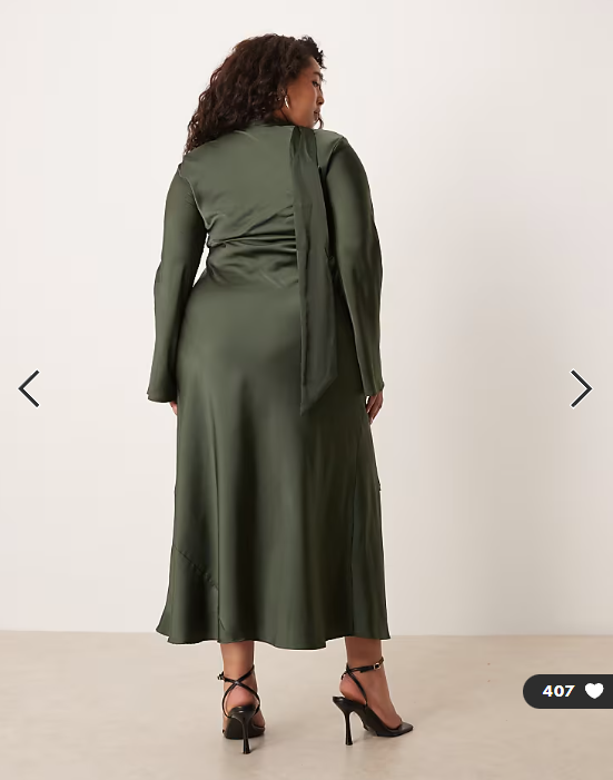 ASOS DESIGN Curve v neck scarf detail long sleeve maxi dress in dark green