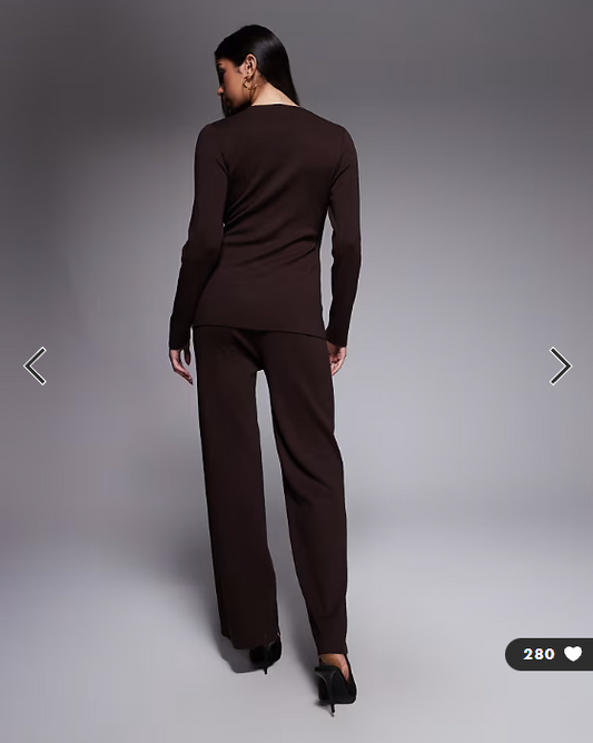 Kaiia exclusive ribbed knit wide leg trousers co-ord in chocolate