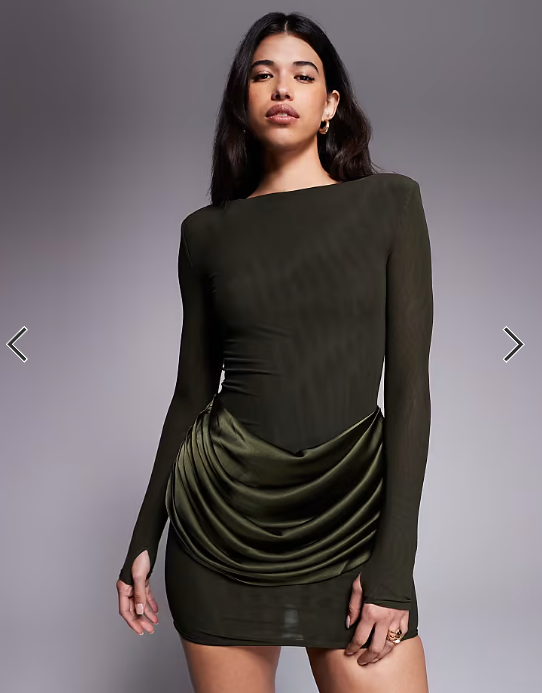 Wanderdoll Storm sculpting shoulder pad detail satin drape waist mini dress in forest green