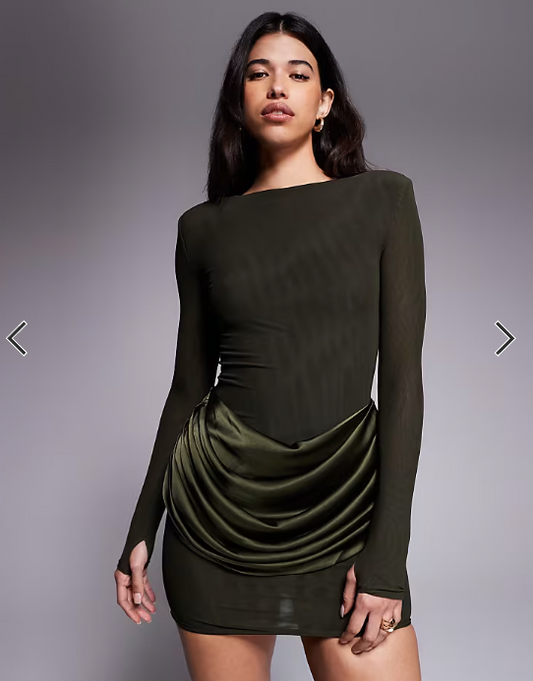 Wanderdoll Storm sculpting shoulder pad detail satin drape waist mini dress in forest green