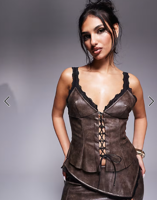 Murci exclusive distressed leather look lace up top co-ord in brown