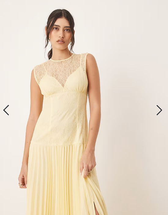 ASOS DESIGN lace bodice pleated skirt midaxi dress in lemon