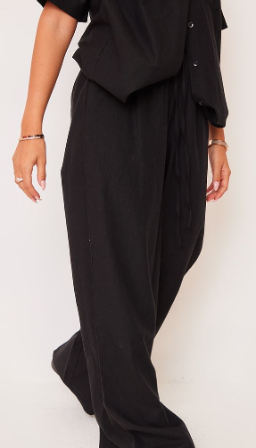 Black Linen Look Drawstring Extreme Wide Leg Trousers